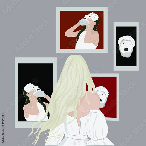 blonde woman looks at the picture in gallery  vector illustration portrait