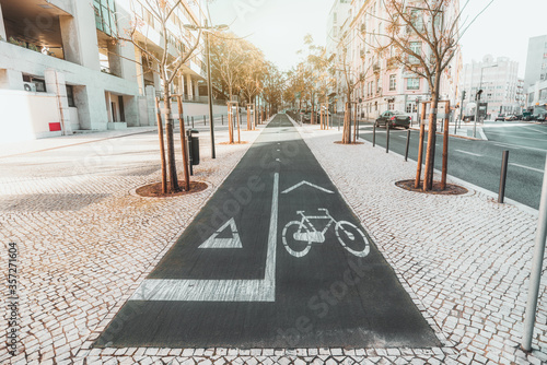 Wide-angle shot of asphalt bicycle lane and a running track in urban settings surrounded by paving-stone and young trees, residential houses and a road with cars, sunny day, Lisbon, Portugal