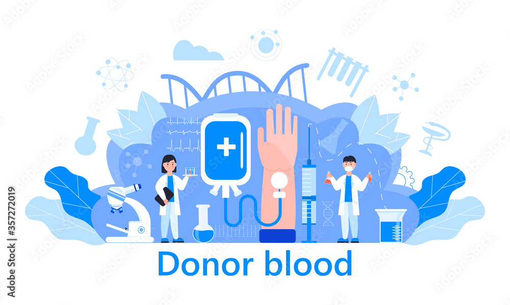 World blood donor day concept vector with tiny doctors, blood donation, microscope, tubes. Medical illustration on June 14. It is for website, landing page, app World blood donor day concept vector with tiny doctors, blood donation, microscope, tubes. Medical illustration on June 14. It is for website, landing page, app