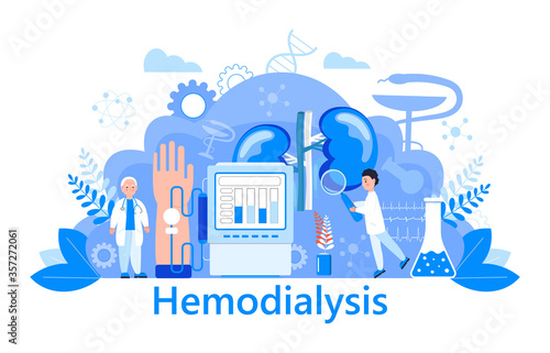 Hemodialysis concept vector. Method of extrarenal blood purification in acute and chronic renal failure. Tiny doctors treat, test kidneys. Blue template for website, landing page.