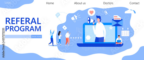 Referal program vector. Refer a friend illustration of appeal concept, man loudly shout on megaphone with refer a friend word, it can use for landing page, template, ui, web, mobile apps.