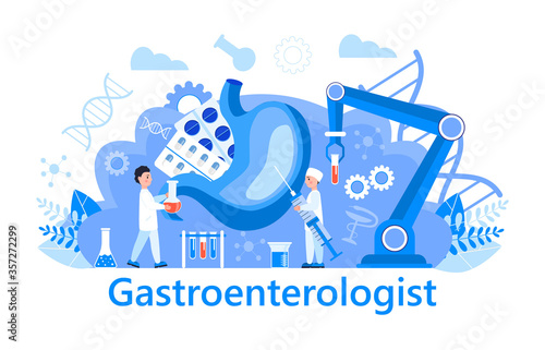 Gastroenterology concept vector. Stomach doctors examine, treat dysbiosis. Tiny gastroenterologist looks through magnifying glass at harmful bacteria. Gastritis, stomach ulcer illustration