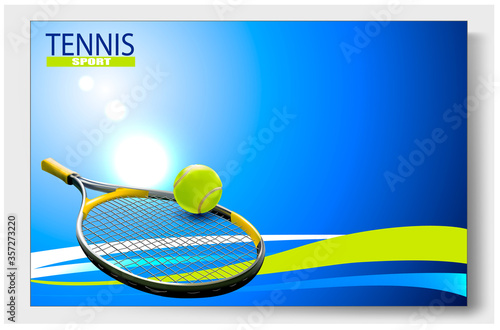 3 d Tennis Racquet. Vector Tennis Ball. A realistic object and sports background for posters, leaflets for world tennis competitions.Vector illustration.Sport equipment element.