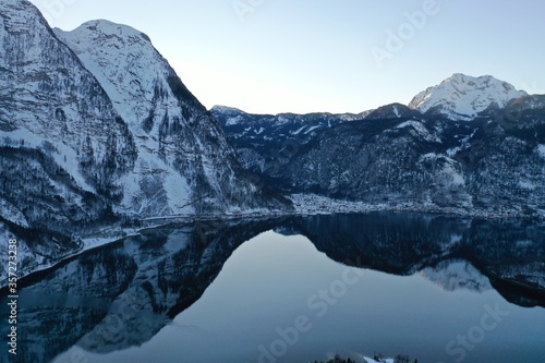 Winter drone shots of the Alps mountains in Austria and Switzerland with lakes  photo