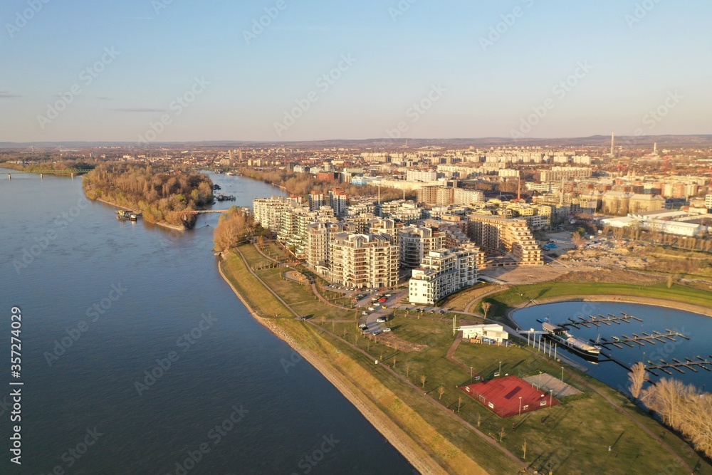 Obraz premium Drones shots of Budapest city during golden hour sunset