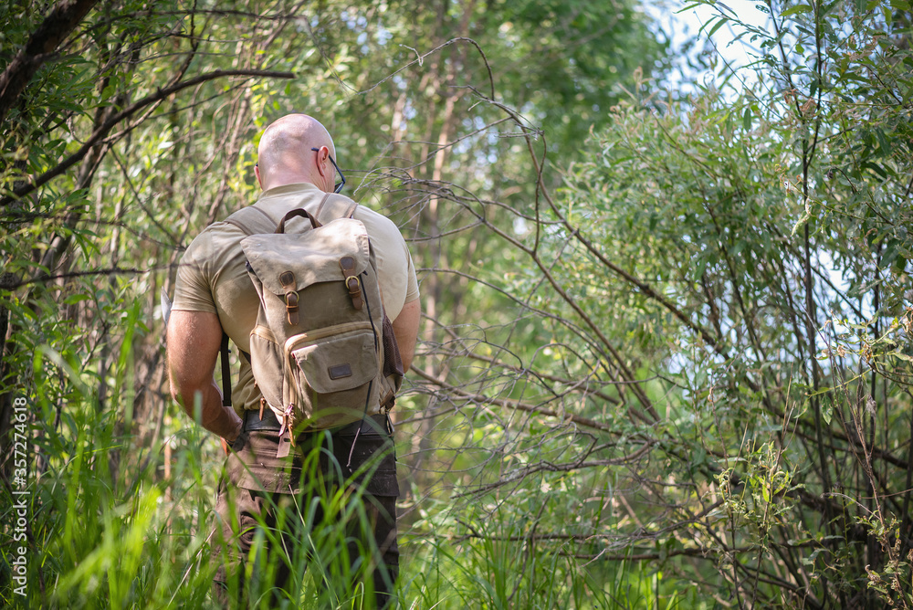 Adventurer man with a backpack is walking through a green forest thickets.