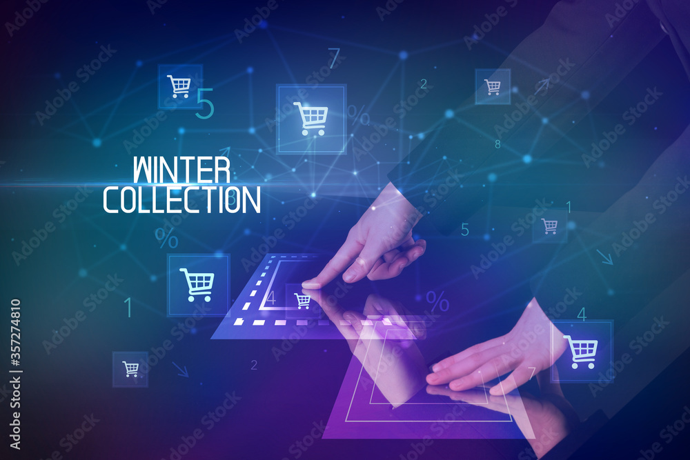 Online shopping with WINTER COLLECTION inscription concept, with shopping cart icons