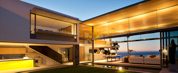 Illuminated patio of modern house
