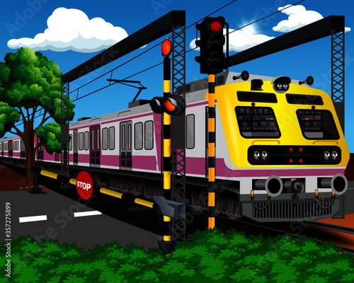 Illustration of Indian AC local train in rail crossing
