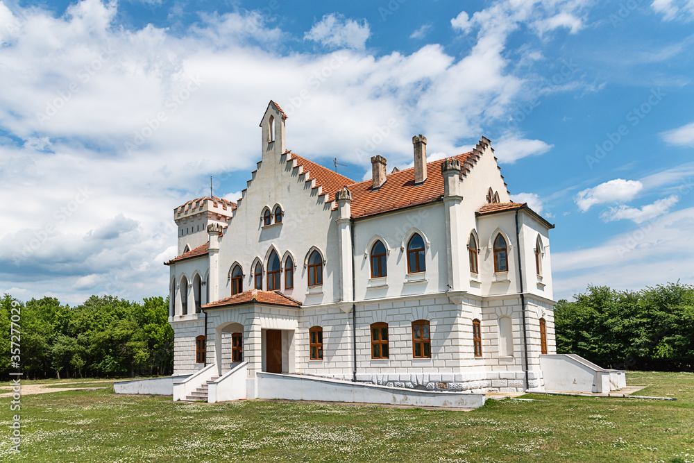 Stari Lec, Serbia - June 04, 2020: Kapetanovo is a Neo-Gothic castle located in the village of Stari Lec, in the Plandiste municipality in northeastern Serbia.