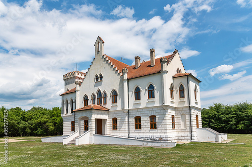 Stari Lec, Serbia - June 04, 2020: Kapetanovo is a Neo-Gothic castle located in the village of Stari Lec, in the Plandiste municipality in northeastern Serbia.