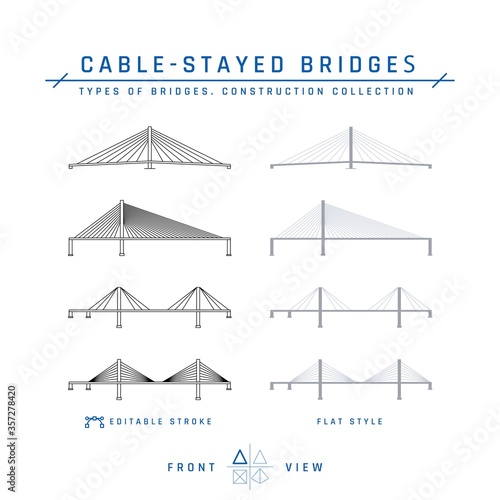 Cable-stayed bridges icons in flat style, vector