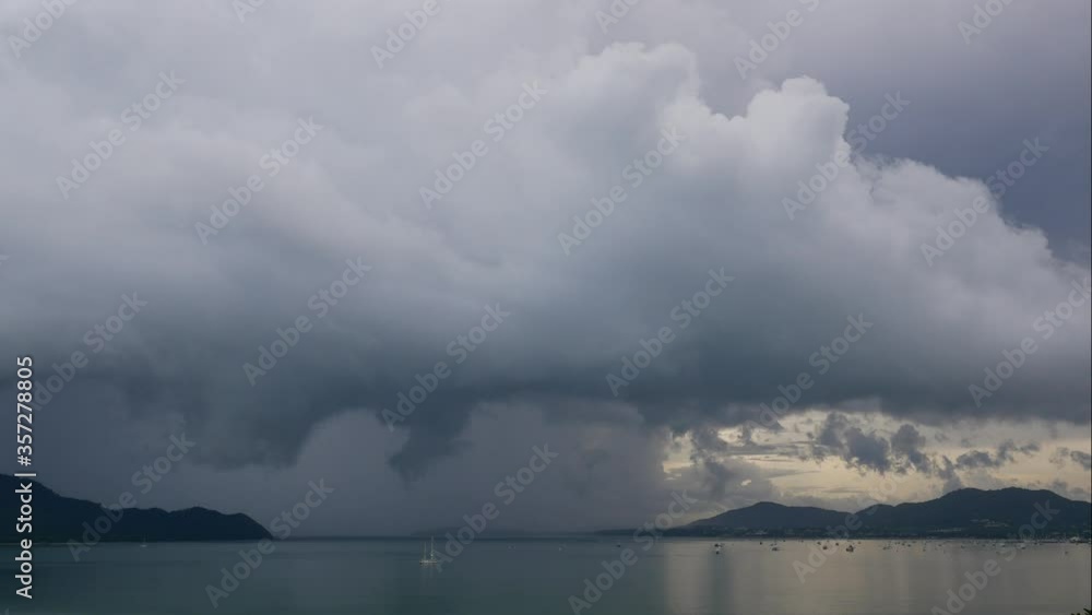 Time lapse ripple sea wave water , yatch mooring in sea, raining in the ocean with dark cloud sky background, mountain long distance Time lapse ripple sea wave water , yatch mooring in sea, raining in the ocean with dark cloud sky background, mountain long distance