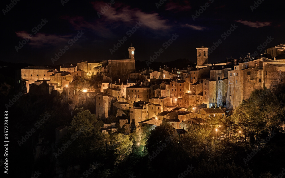 Sorano, Grosseto, Tuscany, Italy: night landscape of the medieval hill town