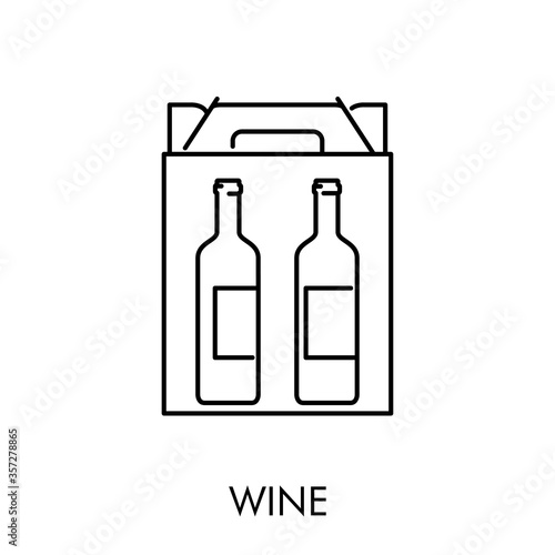 Icono plano lineal palabra WINE con caja de cartón con botellas de vino en color negro