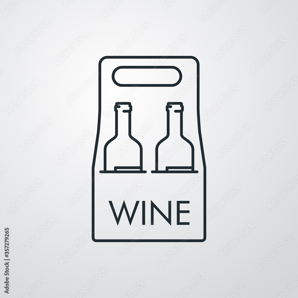 Icono plano lineal palabra WINE con caja de cartón con botellas de vino en fondo gris Icono plano lineal palabra WINE con caja de cartón con botellas de vino en fondo gris