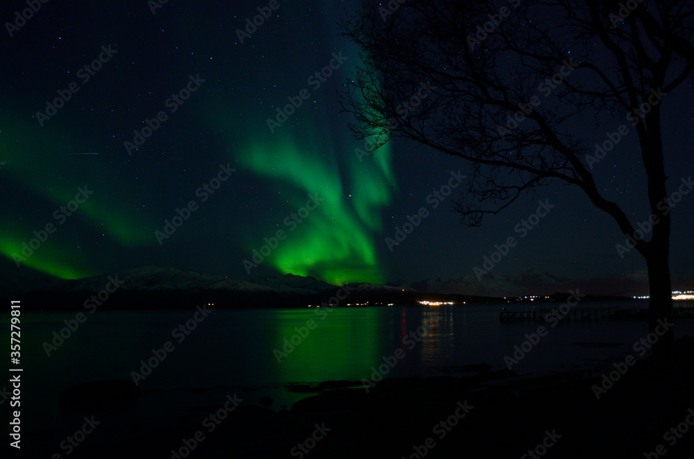 vibrant aurora borealis over fjord and mountain reflecting on fjord surface at night