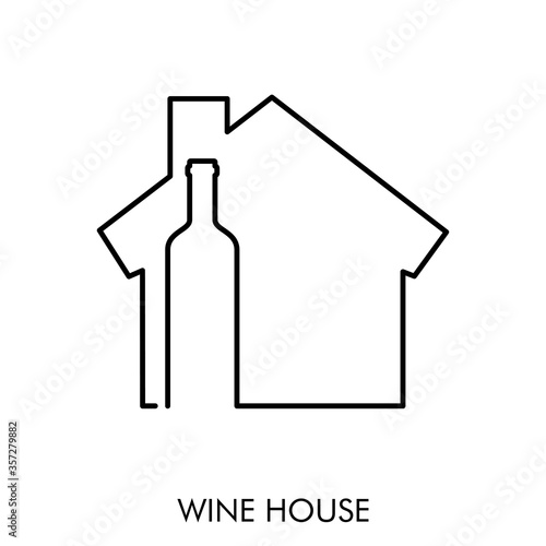 Icono plano lineal palabra WINE HOUSE con silueta de botella de vino en casa en color negro