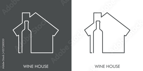 Icono plano lineal palabra WINE HOUSE con silueta de botella de vino en casa en fondo gris y fondo blanco