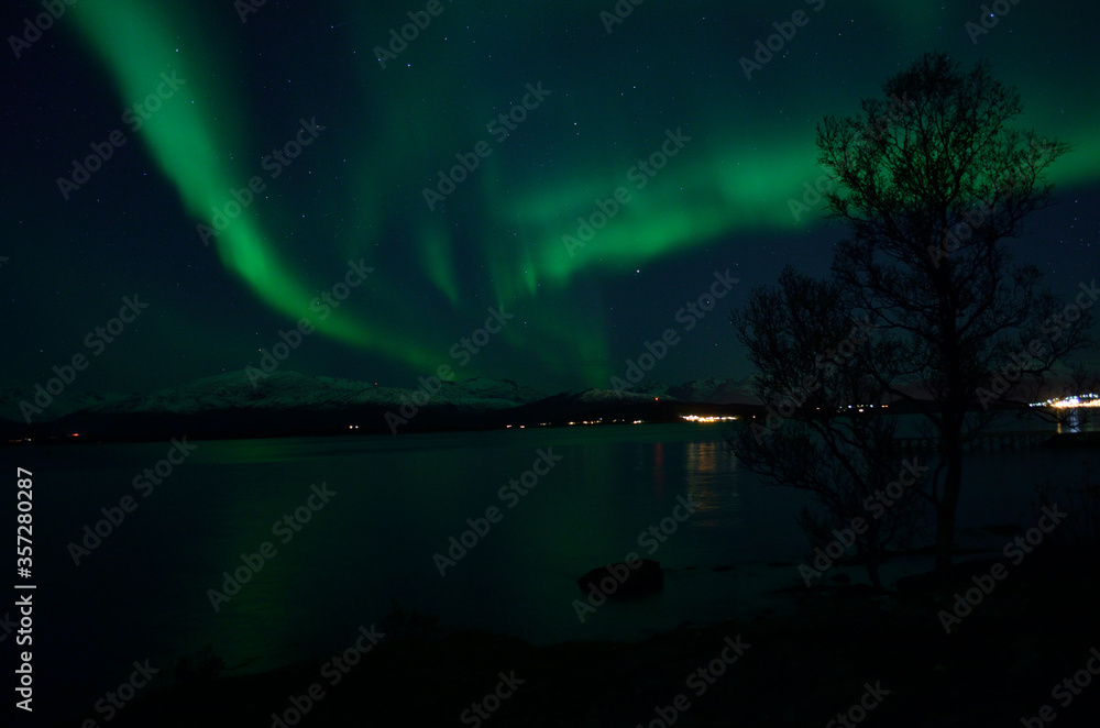 fantastic strong aurora borealis over cold fjord and mountain