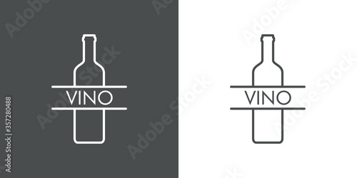 Logotipo lineal palabra VINO con botella de vino en fondo gris y fondo blanco
