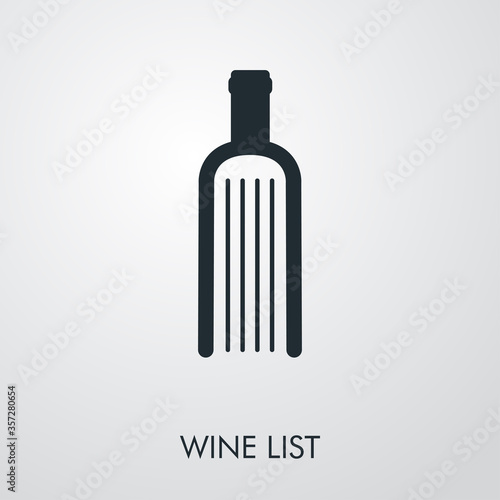 Logotipo lineal palabra WINE LIST en botella de vino como libro en fondo gris