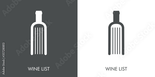 Logotipo lineal palabra WINE LIST en botella de vino como libro en fondo gris y fondo blanco