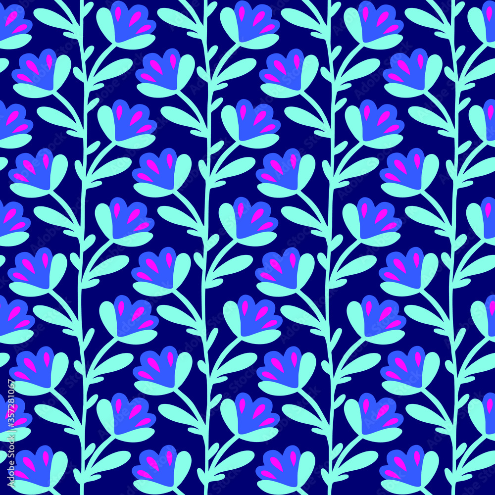 Floral symmetric pattern with static rhythm folklore stylized for fashion fabric or wallpaper in blue colors Floral symmetric pattern with static rhythm folklore stylized for fashion fabric or wallpaper in blue colors