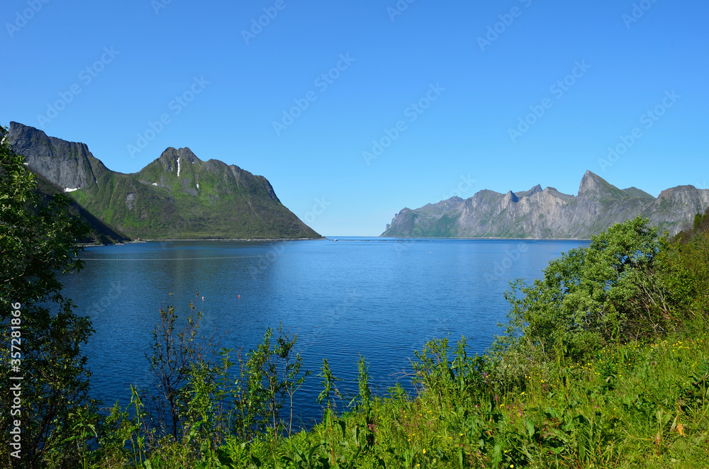 majestic mountain and blue summer fjord landscape senja island