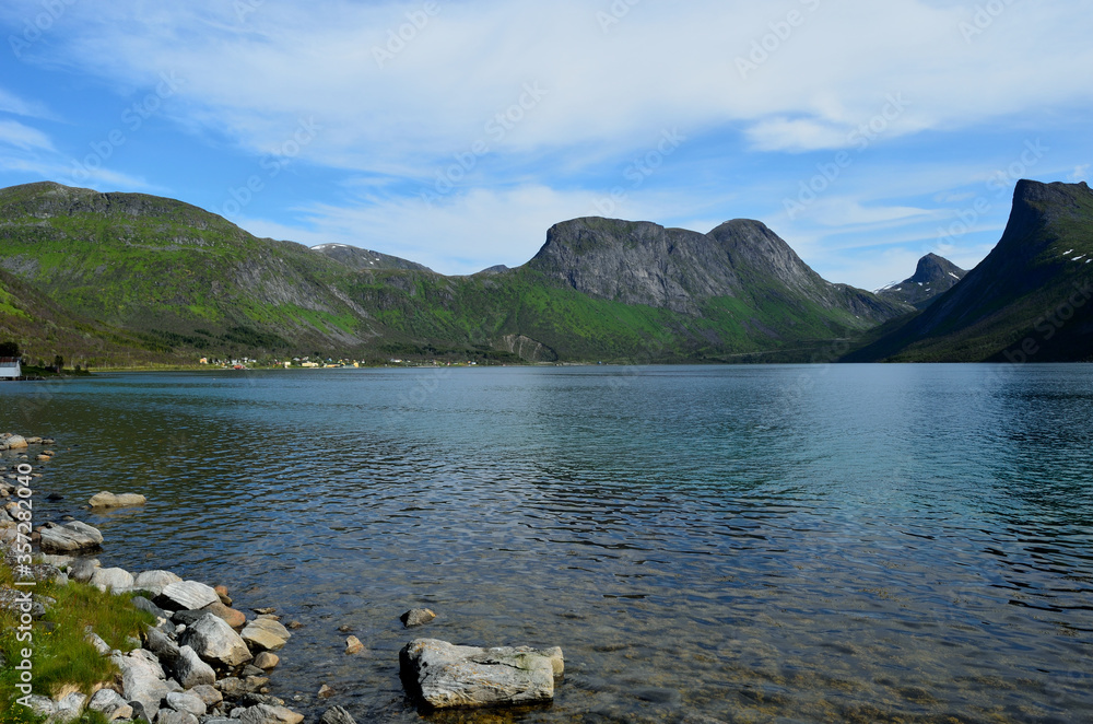 majestic mountain peaks and blue fjord landscape senja island summertime