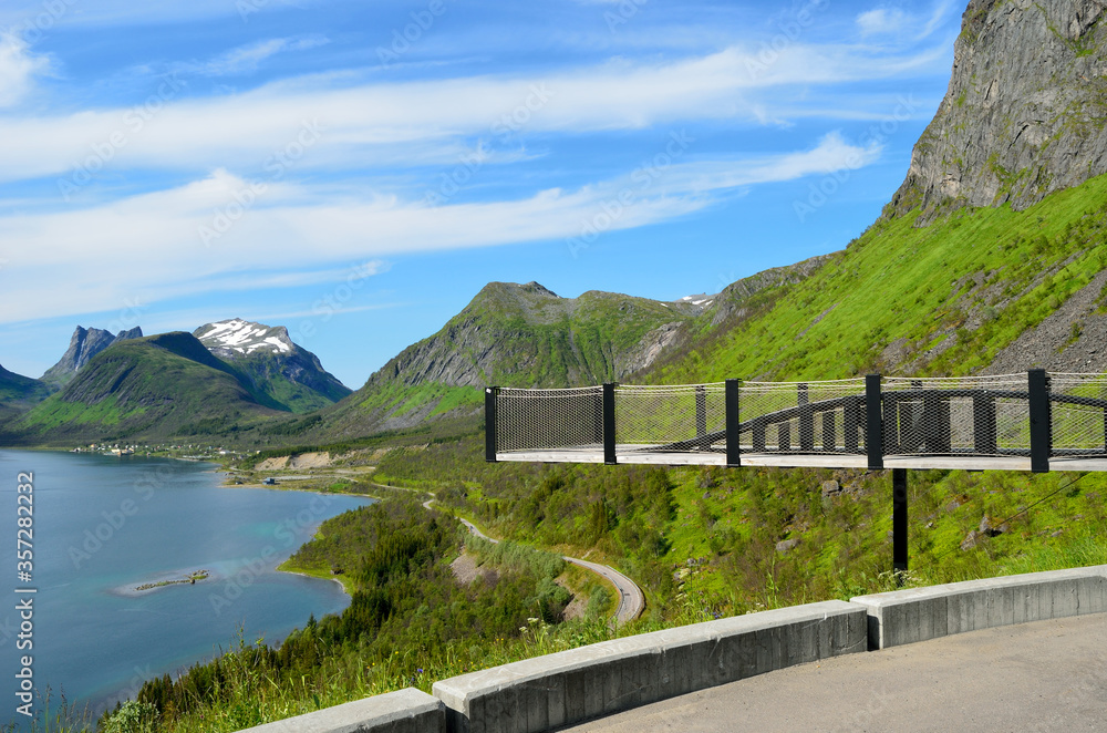 lookout point bridge with mountain and fjord landscape island of senja arctic circle lookout point bridge with mountain and fjord landscape island of senja arctic circle