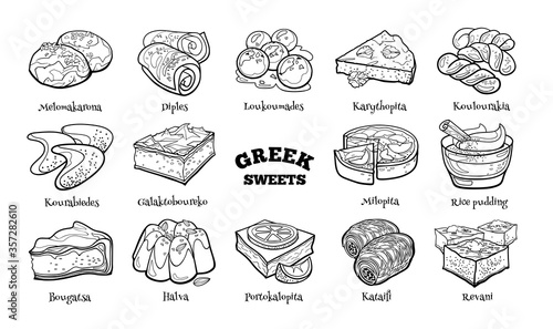 Collection of traditional Greek desserts. Hand drawn sketch in doodle style.