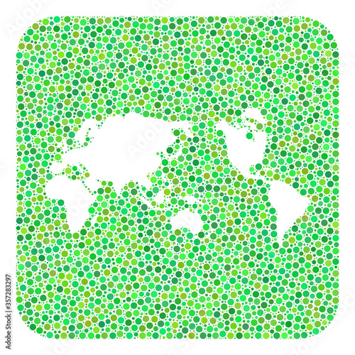 Map of Earth collage created with rounded rectangle and subtracted shape. Vector map of Earth collage of circles in various sizes and green shades. Created for political and abstract projects.