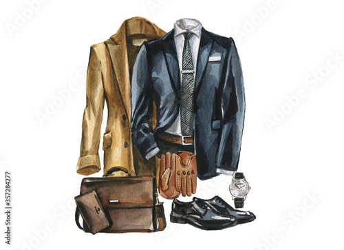 Watercolor Set of business casual clothes, shoes and bag for man. Corporate outfit illustration. Hand drawn painting of office style look.