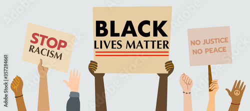 Black lives matter banner. Stop racism. people protesting their right vector illustration.