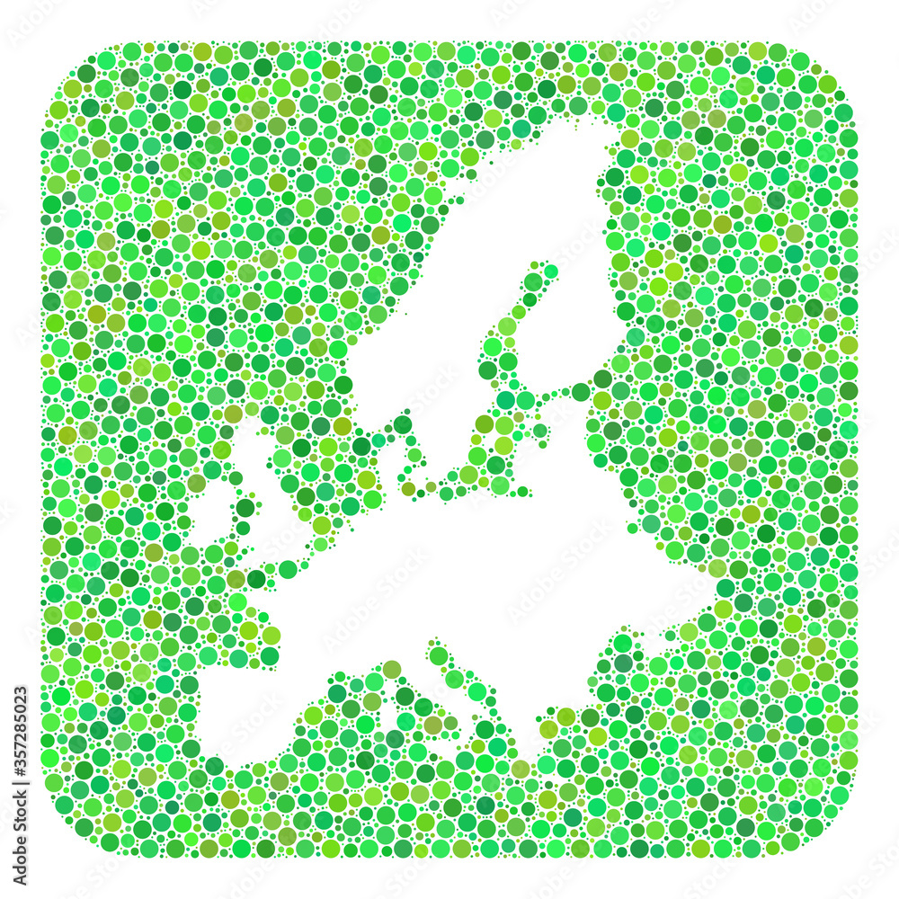 Map of Euro Union collage created with rounded rectangle and hole. Vector map of Euro Union collage of spheric blots in different sizes and green color tints. Map of Euro Union collage created with rounded rectangle and hole. Vector map of Euro Union collage of spheric blots in different sizes and green color tints.