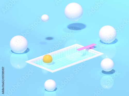 3D rendering. Swimming pool with water among white and yellow rubber floating inflatable balls in minimal style.