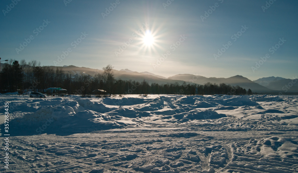 View from lake Baikal to the mountain sable ski resort