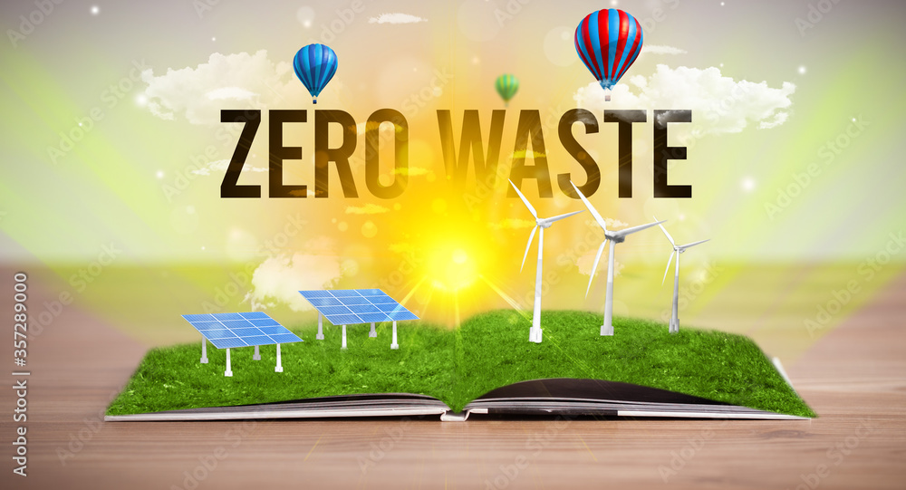 Open book with ZERO WASTE inscription, renewable energy concept