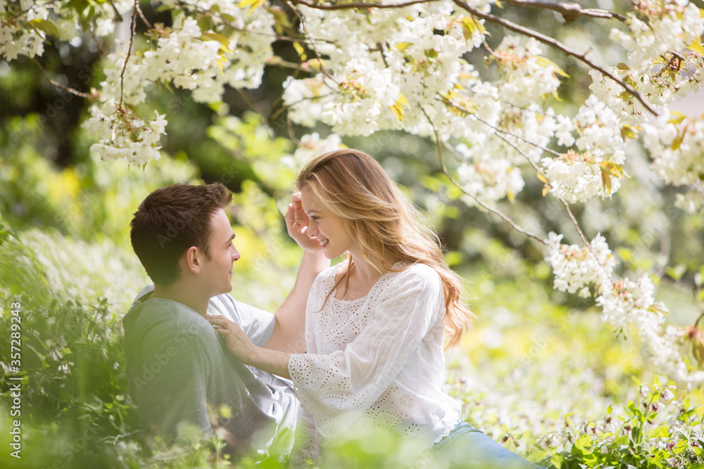 Couple relaxing in grass under tree with white blossoms Couple relaxing in grass under tree with white blossoms