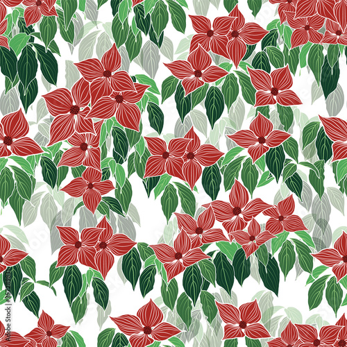 burgundy dogwood flower green leaf gradient white background design
