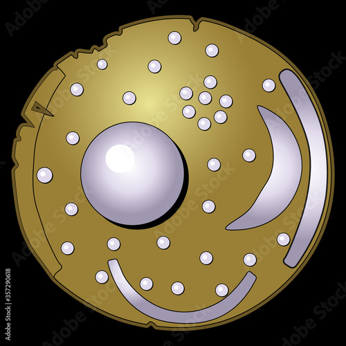 Nebra sky disk as golden brooch with pearls. Jewelry design. Ancient artifact from Germany. Bronze Age Unetice culture. Isolated vector illustration. 