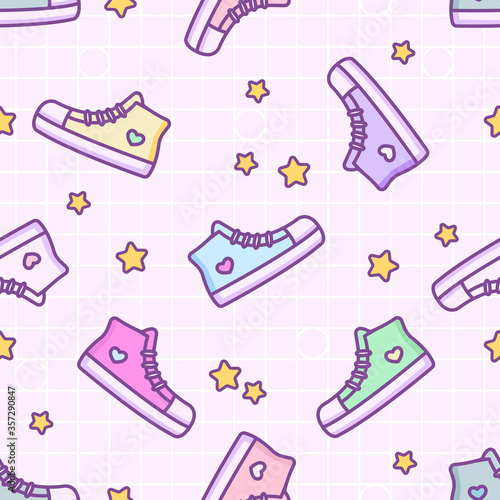 Seamless vector pattern with cute kawaii sneakers, stars and checkered background. Pastel child print with shoes on fabric, wrapping paper, textile, wallpaper. Cartoon doodle linear 80s-90s style