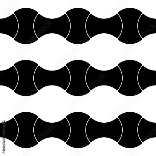 Black interlocking blocks lines on white background. Seamless surface pattern design with ethnic ornament. Apple core quilts texture. Image with hammerhead, axehead and bow shapes. Patchwork motif.