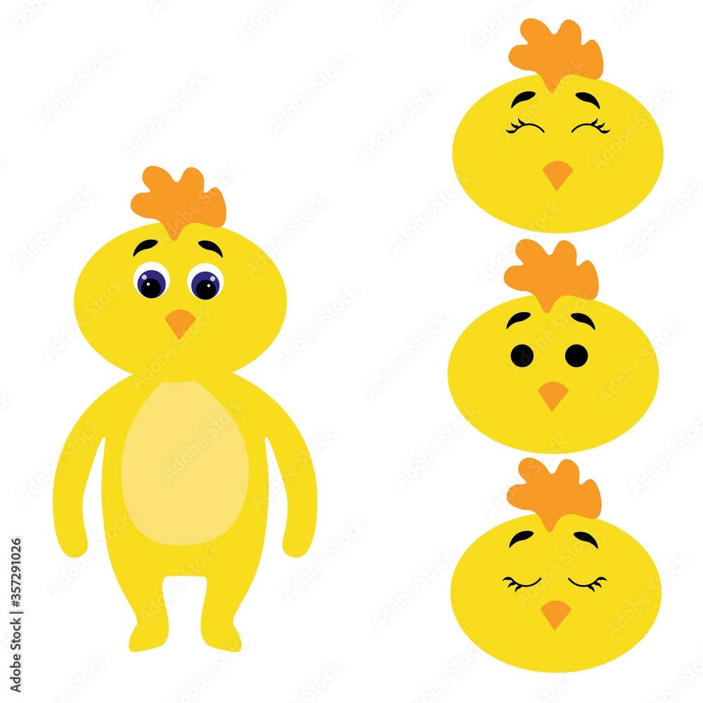 Cute chicken torso with extra heads isolated on white background. Emotions of a bird. Lovely pets. Stock vector illustration for books and magazines, clothes, fabrics, postcards, internet.