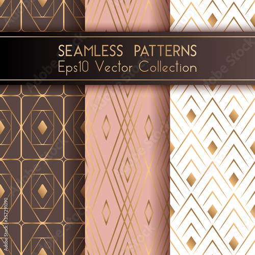 Art deco geometric seamless patterns set vector graphic design.