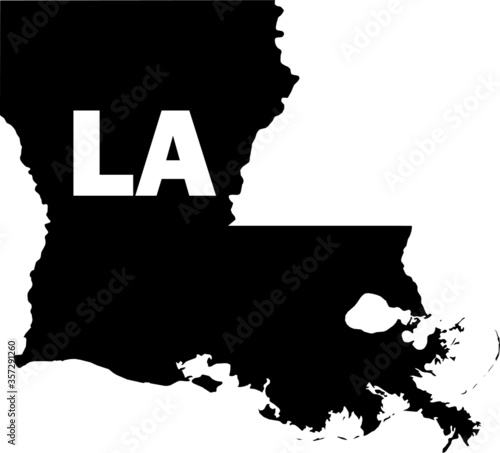 Black and White Silhouette Map of the US Federal State of Louisiana with it's Postal Code Abbreviation