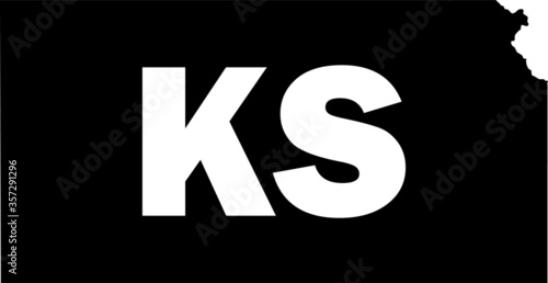 Black and White Silhouette Map of the US Federal State of Kansas with it's Postal Code Abbreviation