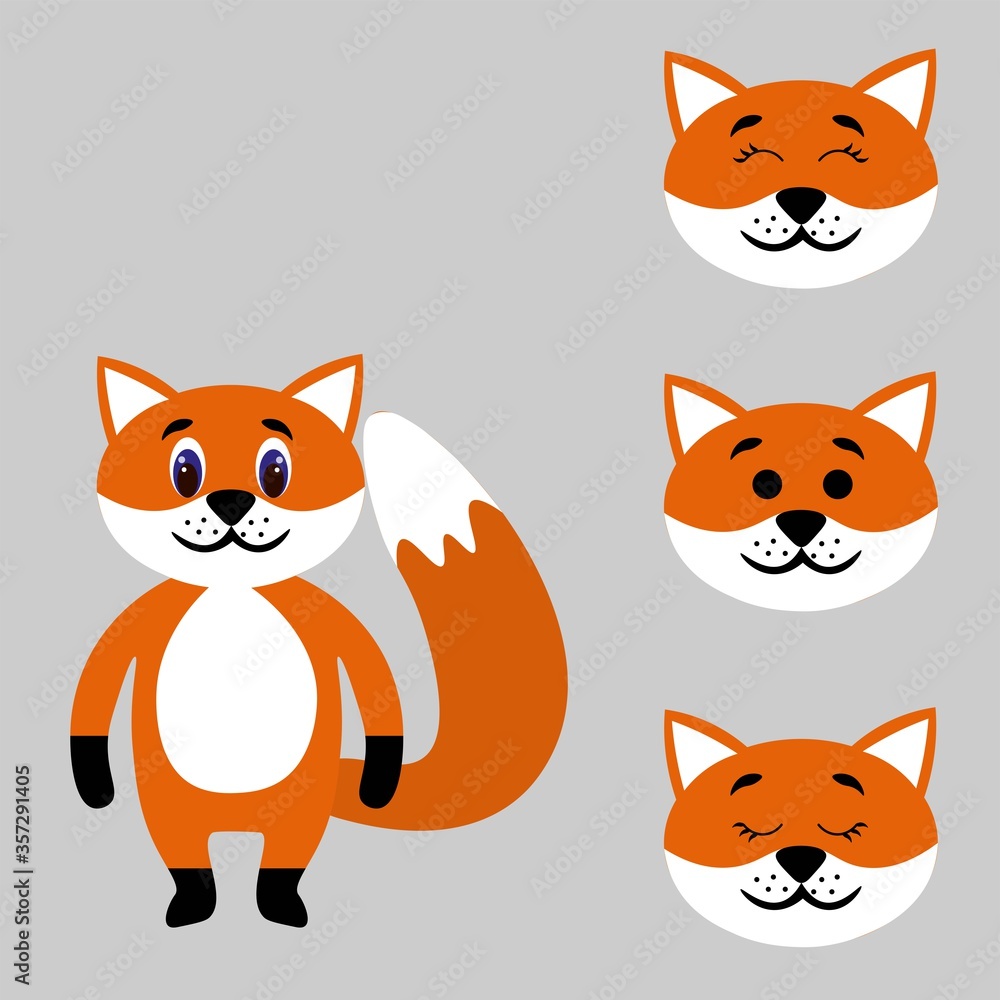 Cute fox torso with extra heads isolated on white background. Animal emotions. Cute wild animals. Stock vector illustration for books and magazines, clothes, fabrics, postcards, internet.