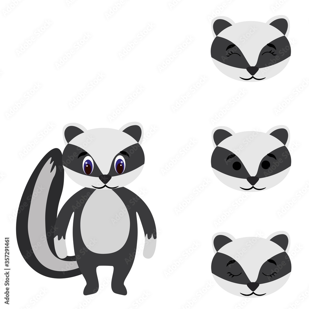 Cute torso of a badger with extra heads isolated on white background. Animal emotions. Cute wild animals. Stock vector illustration for books and magazines, clothes, fabrics, postcards, internet. Cute torso of a badger with extra heads isolated on white background. Animal emotions. Cute wild animals. Stock vector illustration for books and magazines, clothes, fabrics, postcards, internet.